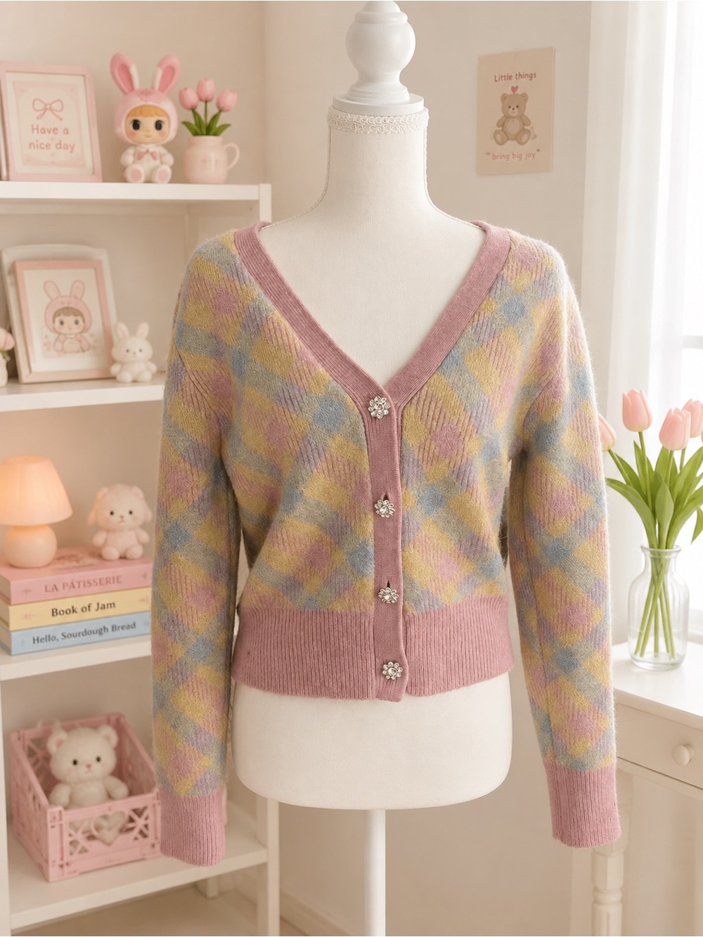 Zara Pastel Argyle Fuzzy Knit Cardigan Jewel Button Sweater Size M
